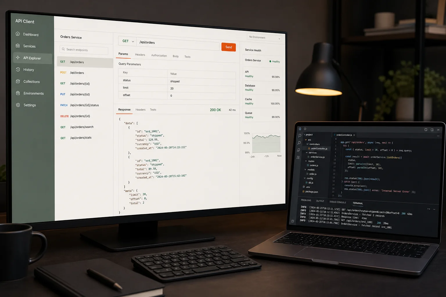 Estación de desarrollo mostrando endpoints REST, una respuesta JSON, estado del servicio y código backend
